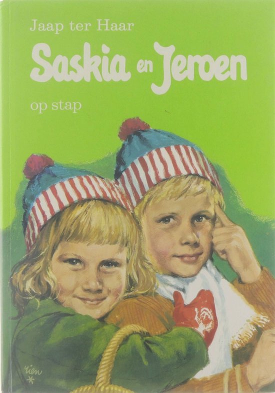Boekcover met de titel 'Saskia en Jeroen op stap'. Twee kinderen met mutsen en sjaals.