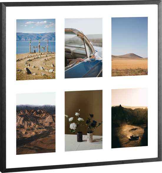 Navaris fotolijst voor 6 foto's - Horizontaal of verticaal op te hangen - Fotokader voor 10 x 15 cm foto's - Zwart aluminium frame voor fotocollage