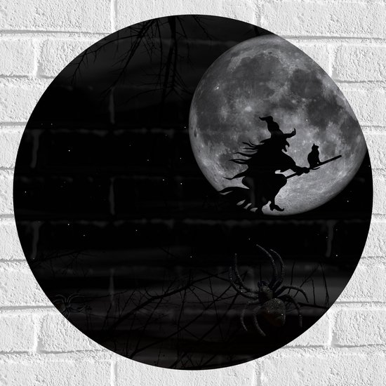 Muursticker Cirkel - Vliegende Heks op Bezemsteelbij Volle Maan - 60x60 cm Foto op Muursticker