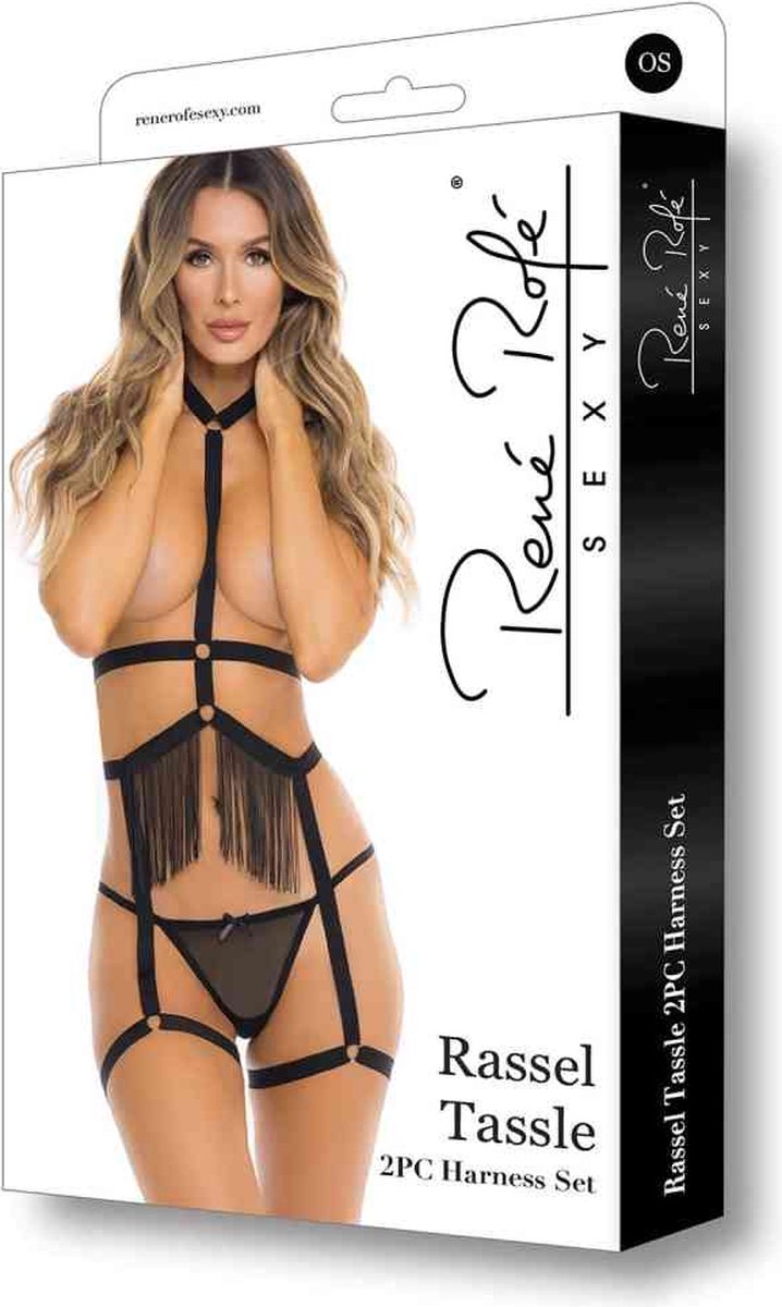 Rene Rofe Lingerie Harnas Rassel Tassle 2Pc set, One Size Zwart