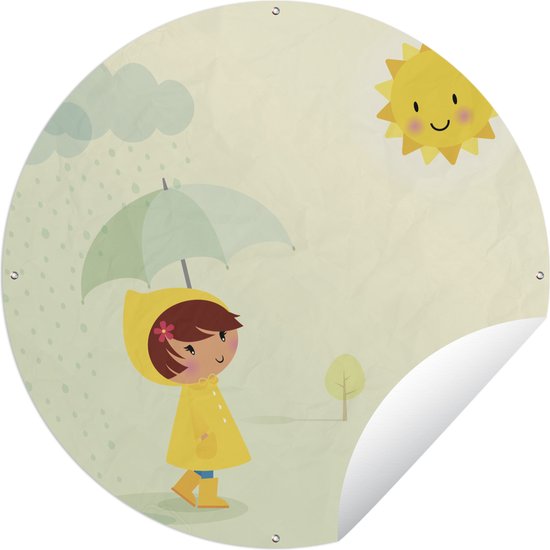 Tuincirkel Kinderillustratie van een meisje met een paraplu - 120x120 cm - Ronde Tuinposter - Buiten XXL / Groot formaat!