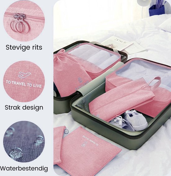 Roze organizer set met rits en waterbestendig materiaal.