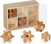 Relaxdays houten denkpuzzels - set van 6 - denkspellen - volwassenen - iq puzzels - kubus