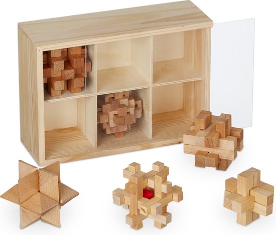 Afbeelding van het spel Relaxdays houten denkpuzzels - set van 6 - denkspellen - volwassenen - iq puzzels - kubus