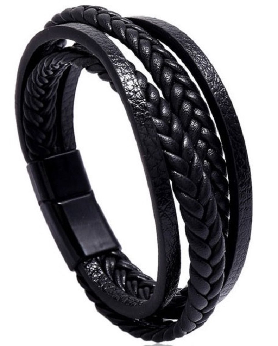 Encantada - Heren armband - zwart - 4 laags - Leder -Schuifsluiting - 20cm