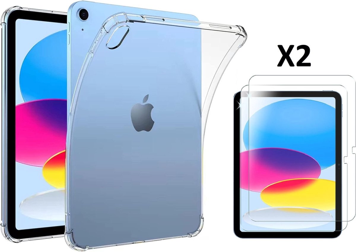 Hoes geschikt voor iPad A16 Hoes - iPad 2025 hoes 11th Gen/iPad 10th siliconen transparant cover Anti-Shock + ipad 2022 screenprotector Premium glass 2 stuks
