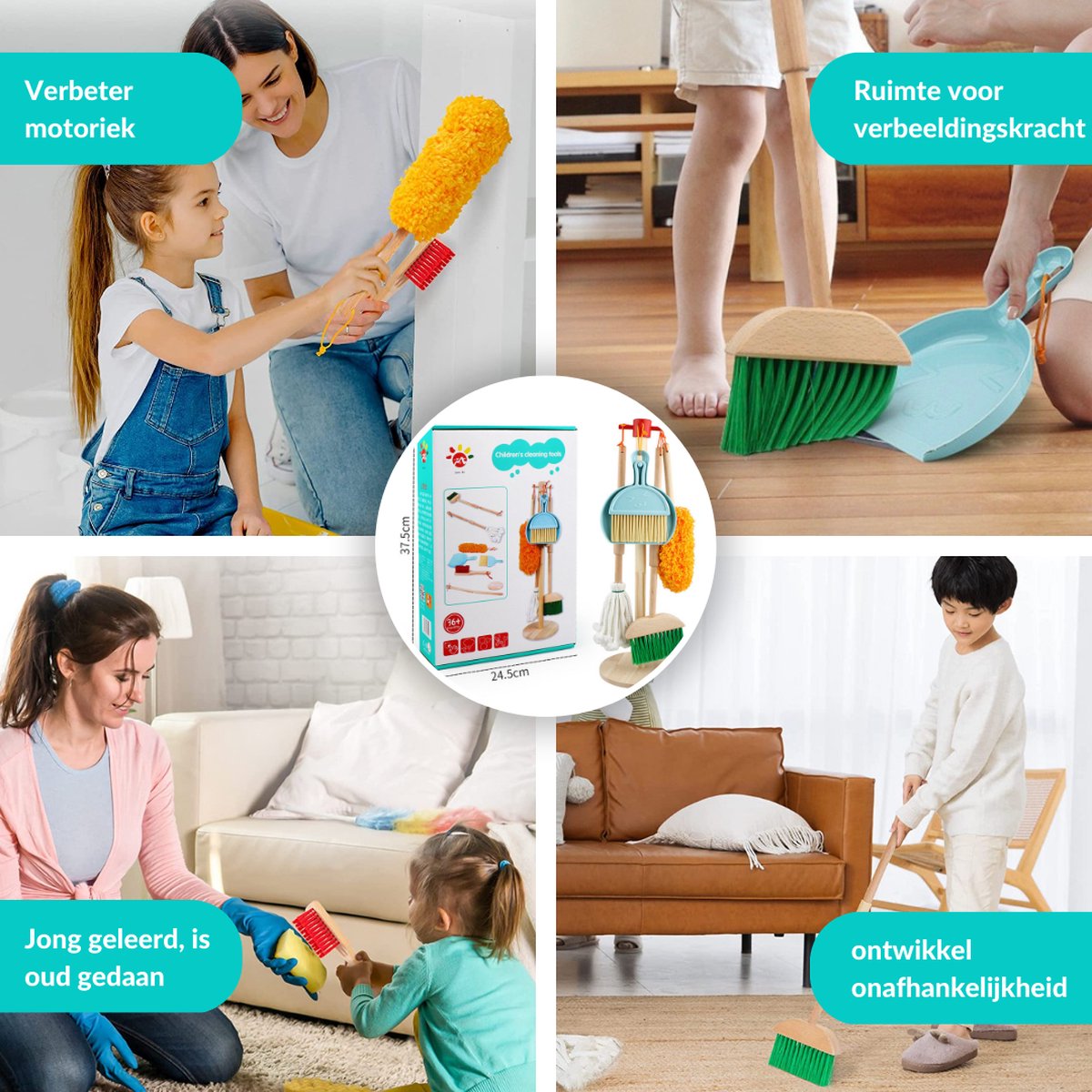 Buxibo Kinder Schoonmaak Set - Houten Huishoudelijke Gereedschap - Mini Bezem, Stoffer, Mop - Montessori Speelgoed - Multicolor — afbeelding 11