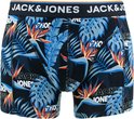 Zwarte boxershorts met tropische print van bladeren en bloemen en een oranje band van JACK & JONES.