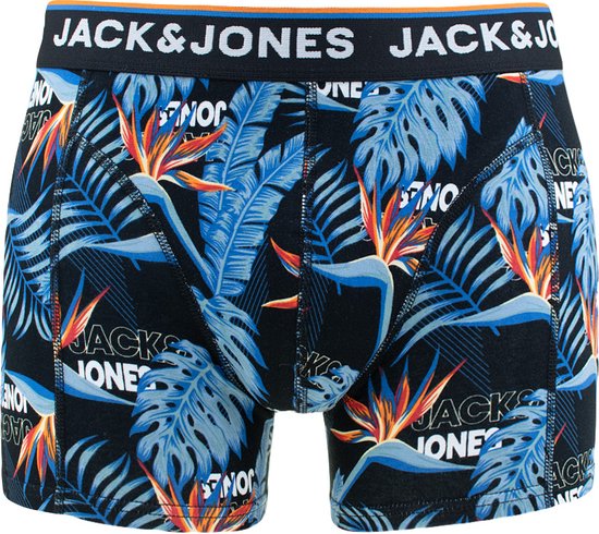 Zwarte boxershorts met tropische print van bladeren en bloemen en een oranje band van JACK & JONES.