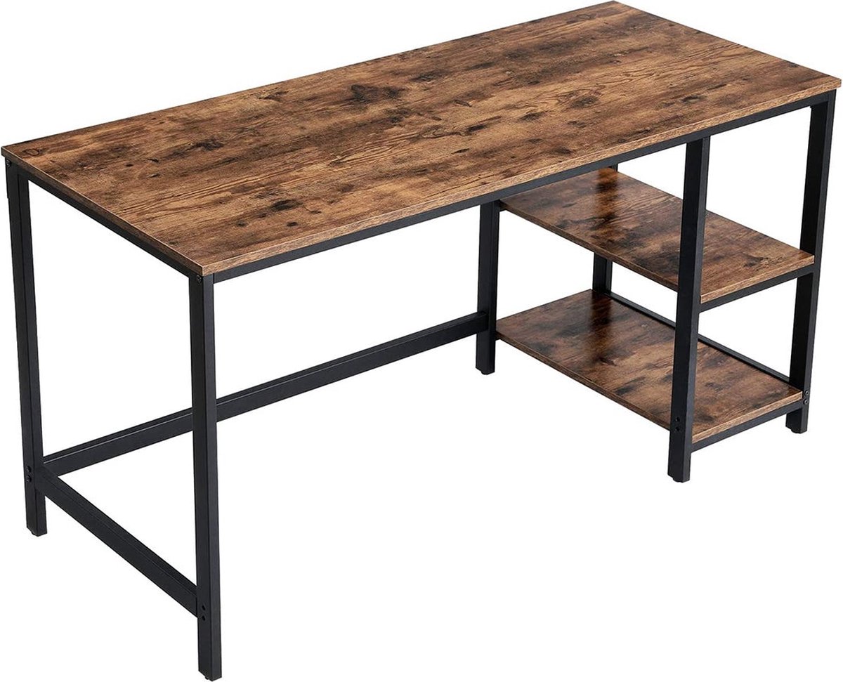 Computertafel - Bureau - Kantoortafel - Met 2 planken rechts of links - Stalen frame - Bruin zwart