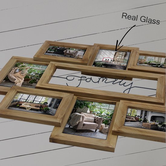 Houten multi fotolijst met 'Family' in het midden, met interieurfoto's. Geeft aan 'Real Glass'.