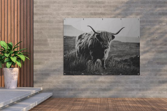 Décoration murale extérieure Highlander écossais - Nature - Vaches - Animaux - Zwart et blanc - 160x120 cm - Toile de jardin - Affiche extérieure