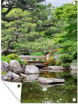 Tuinschilderij Japans - Natuur - Water - Stenen - Bomen - 60x80 cm - Tuinposter - Tuindoek - Buitenposter