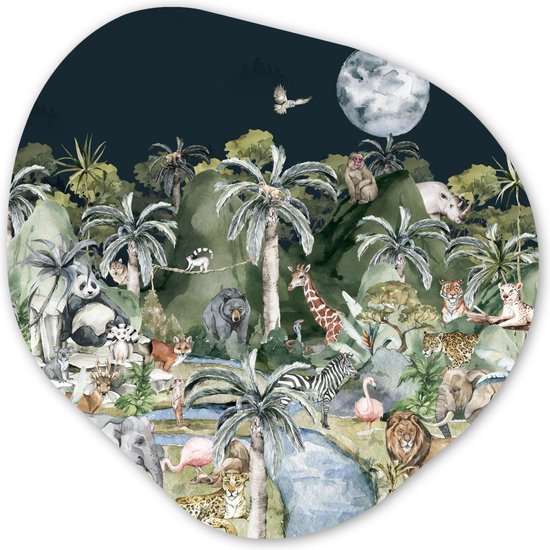 Organische Wanddecoratie - Kunststof Muurdecoratie- Organisch Schilderij - Kinderen - Jungle - Natuur - Dieren - Planten- 40x40 cm - Asymmetrische spiegel vorm op kunststof