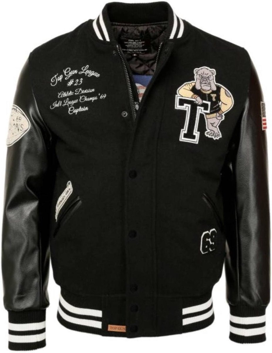 Cool black bomber jacket with numerous patches