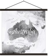 Posterhanger incl. Poster - Schoolplaat - Australië - Wereldkaart - Waterverf - 40x40 cm - Zwarte latten