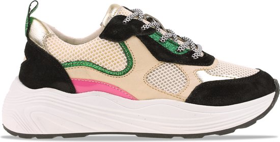 Vue latérale d'une basket pour femme avec maille beige, daim noir, accents rose et vert. Détails dorés métalliques.
