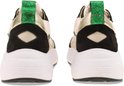 Arrière de baskets pour femme avec maille beige, daim noir et accents rose et vert. Détails dorés métalliques.
