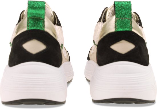 Arrière de baskets pour femme avec maille beige, daim noir et accents rose et vert. Détails dorés métalliques.