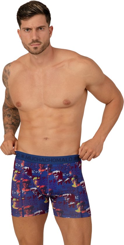 Blauwe Muchachomalo boxershorts met Japanse karakters en rode, gele en witte gezichtspatronen.