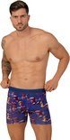 Blauwe Muchachomalo boxershorts met Japanse karakters en rode, gele en witte gezichtspatronen.