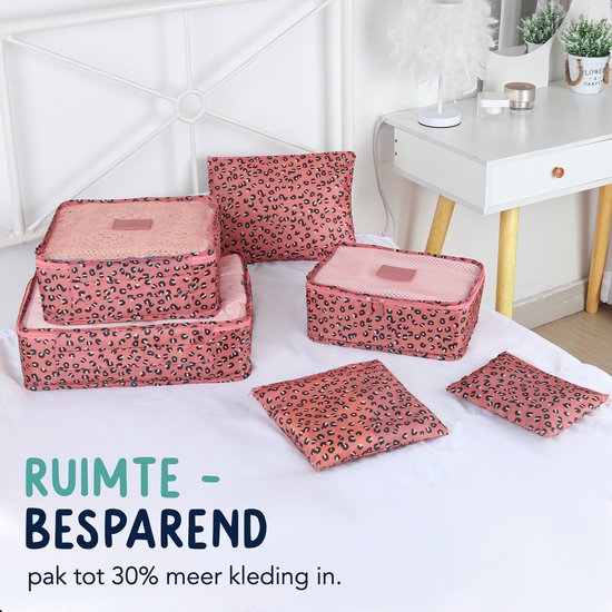Qpacks - Packing Cubes Set 6-delig - Travel bag - Kleding organiser set - Opbergzakken - Inpak kubussen - Backpack cubes - Reizen - Pattern - Pink tijgerprint - Roze
