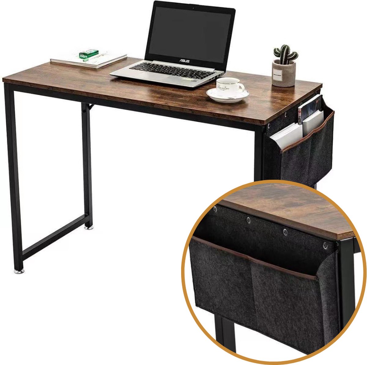 SensaHome - Retro Schrijftafel/Bureau - Computertafel met Metalen Frame - Werktafel in Rustieke Houtlook - Vintage Look - Zwart/Bruin