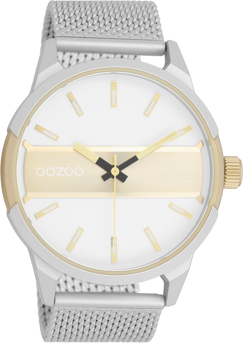 OOZOO Timepieces - Zilverkleurig-champagne horloge met zilverkleurige metalen mesh armband - C11106