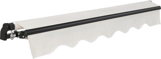 Gesloten crème luifel met zwarte arm en gebogen rand.