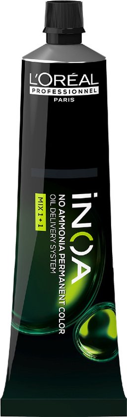 Tube de coloration L'Oréal INOA. Noir avec texte vert et bulles.
