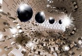 Fotobehang - Vlies Behang - 3D Puzzel Tunnel met grote ronde Kogels - 254 x 184 cm