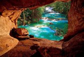 Fotobehang - Vlies Behang - Uitzicht op de Watervallen in de Jungle vanuit de Grot - 3D - 152,5 x 104 cm