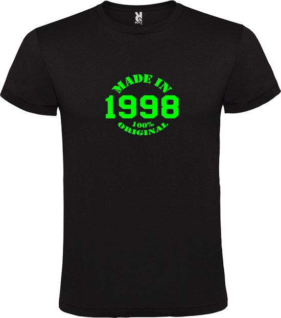 Zwart T-Shirt met “Made in 1998 / 100% Original “ Afbeelding Neon Groen Size XXXXL