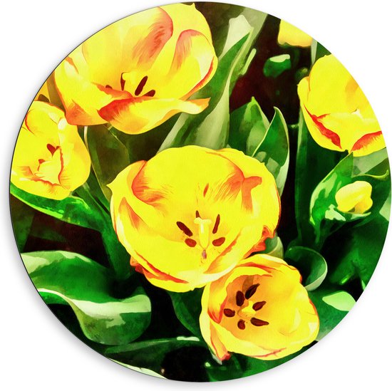 Dibond Muurcirkel - Schilderij van Gele Violet Bloemen in het Veld - 80x80 cm Foto op Aluminium Muurcirkel (met ophangsysteem)