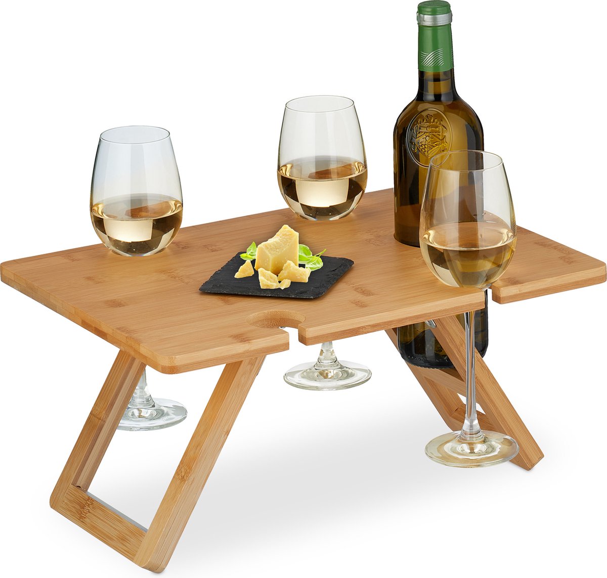 Relaxdays opvouwbare picknick wijntafel - 4 wijnglazenhouders - bamboe dienbladtafel klein