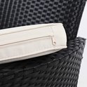 Detail van de rits op het crèmekleurige kussen van de zwarte polyrattan bank.