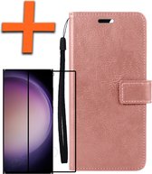 Hoesje Geschikt voor Samsung S23 Ultra Hoes Bookcase Flipcase Book Cover Met Screenprotector - Hoes Geschikt voor Samsung Galaxy S23 Ultra Hoesje Book Case - Rosé goud