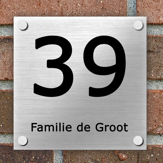 Naambordje voordeur - 15x15 cm - Naambordjes Huis - Huisnummerbord - Bordje nummer - Huisnummer - Brushed Aluminium - Incl. Bevestigingsset + RVS afstandhouders