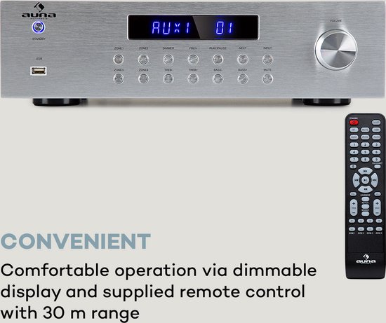 Auna AV2-CD850BT Hifi versterker met bluetooth - 4-zone stereo versterker - 5x 80W RMS - 3 AUX-ingangen, USB-poort en FM tuner - Zilver - Auna