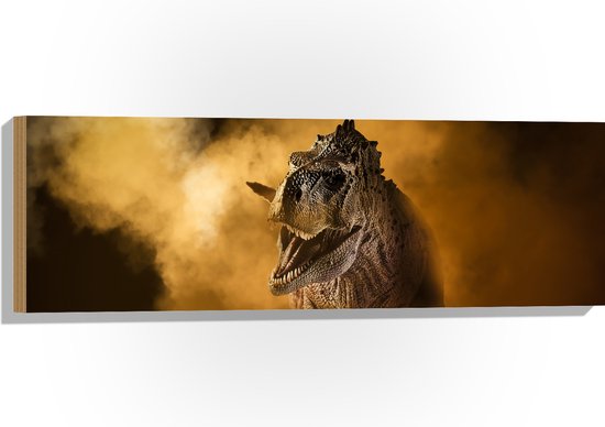 Hout - Angstaanjagend T-rex Dinosaurs vanuit Oranje Mist - 90x30 cm - 9 mm dik - Foto op Hout (Met Ophangsysteem)