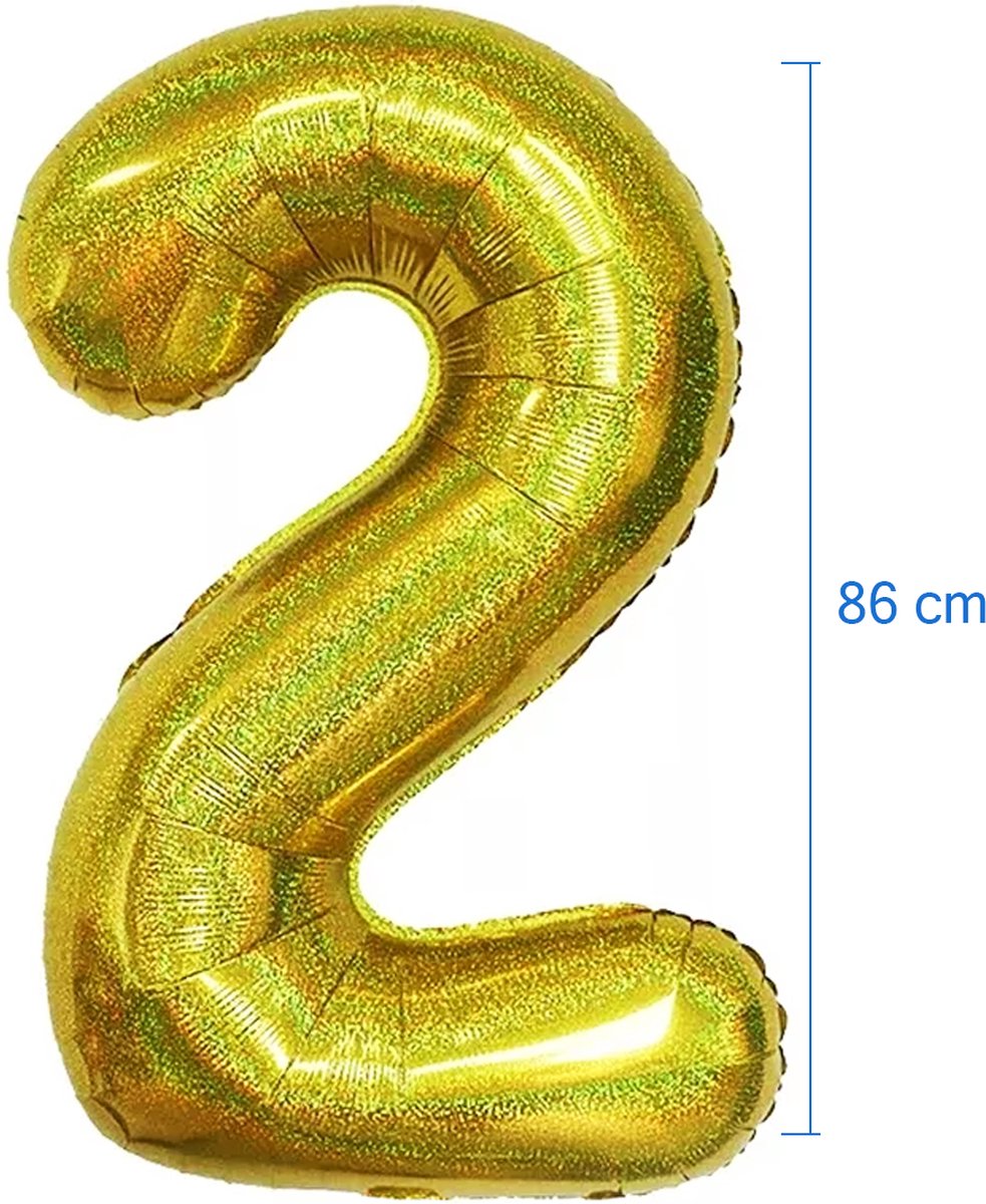 Folie Ballon Cijfer 2 Jaar Goud Glitter Verjaardag Versiering Helium Ballonnen Feest Versiering Met Rietje - 86Cm — afbeelding 2
