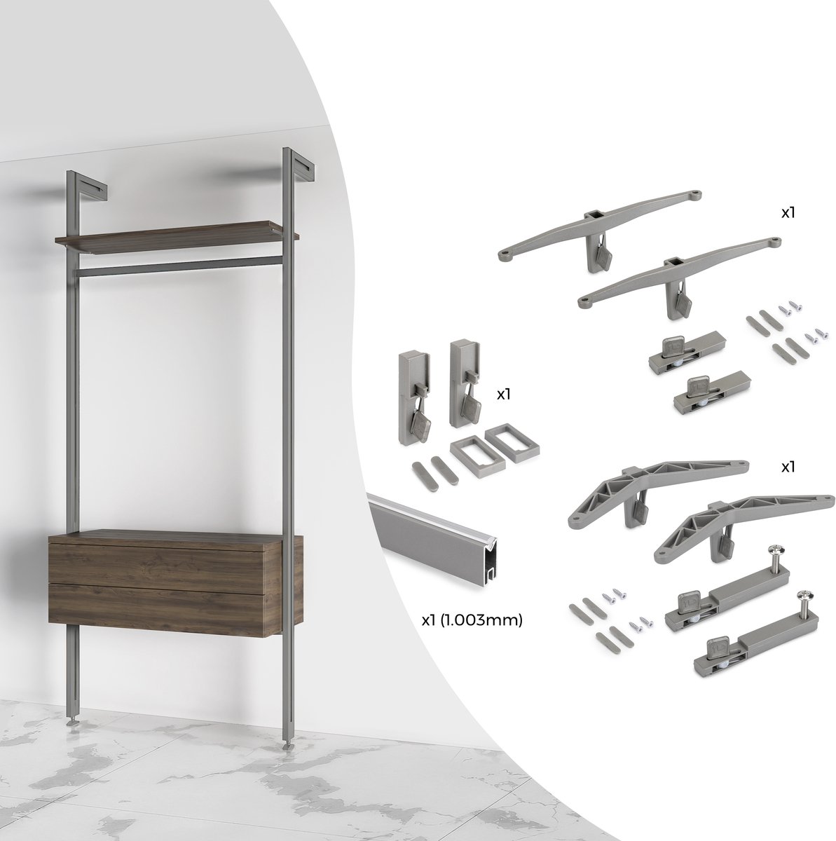 Emuca Beugelset voor 1 houten plank, 1 module en 1 hangstang lengte 1m Zero, Zamak, Steengrijs gelak