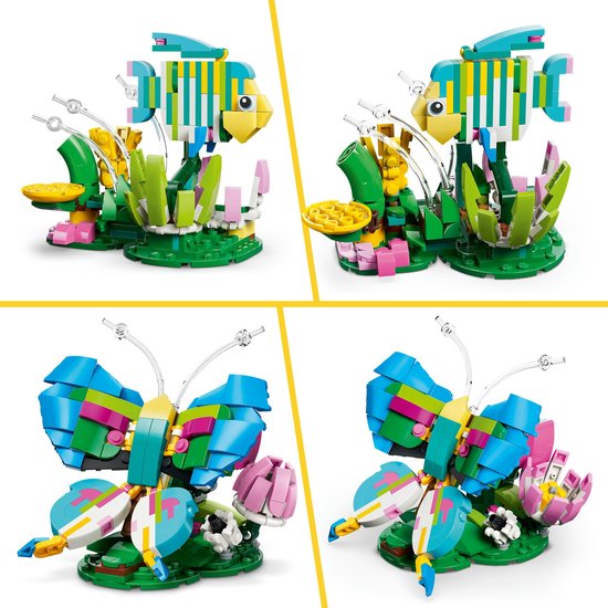 Set LEGO Creator 3-en-1 31384 avec un papillon LEGO coloré et un poisson LEGO dans un environnement sous-marin.