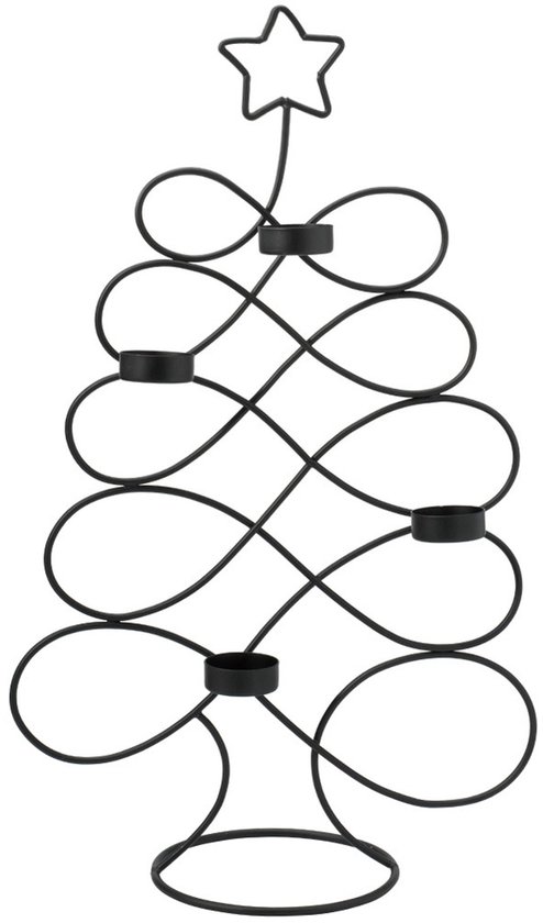 Bougeoir sapin de Noël en métal noir, 48cm de haut, avec étoile et quatre supports pour bougies chauffe-plat.