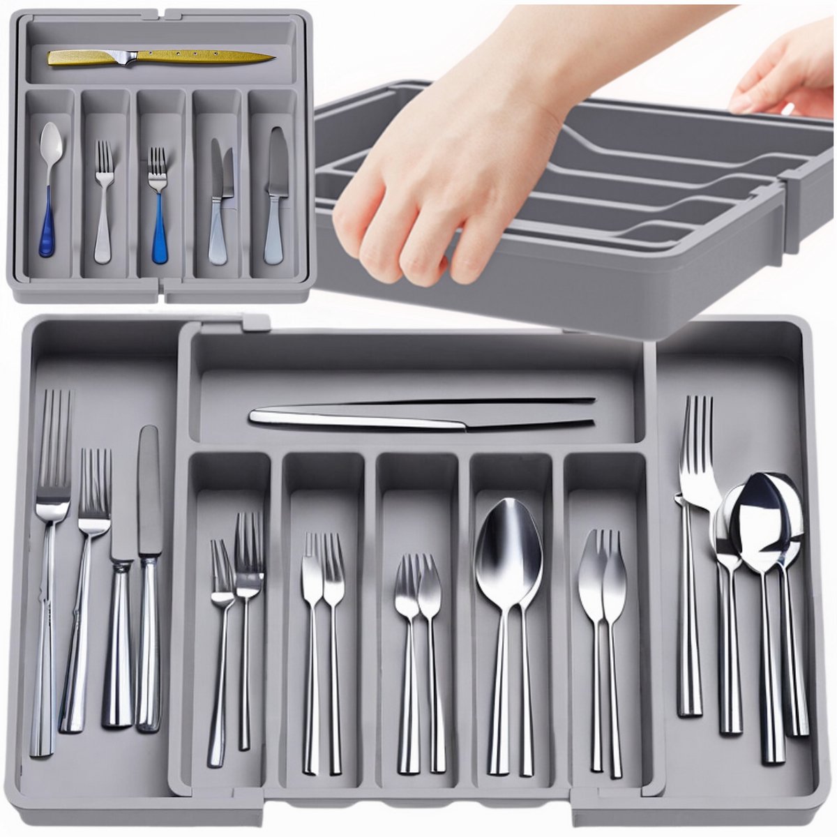 More&Deco - Organizer voor Besteklade - Grijs - Verstelbaar - 33-57 cm