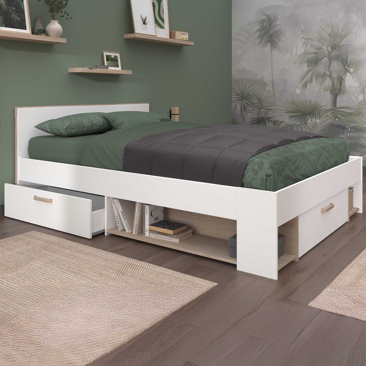 Tweepersoonsbed Sueno 140x200cm met opbergruimte - wit/eikdecor - Parisot - Tweepersoons bedkader - Wit - Spaanplaat Tweepersoons Normaal bed