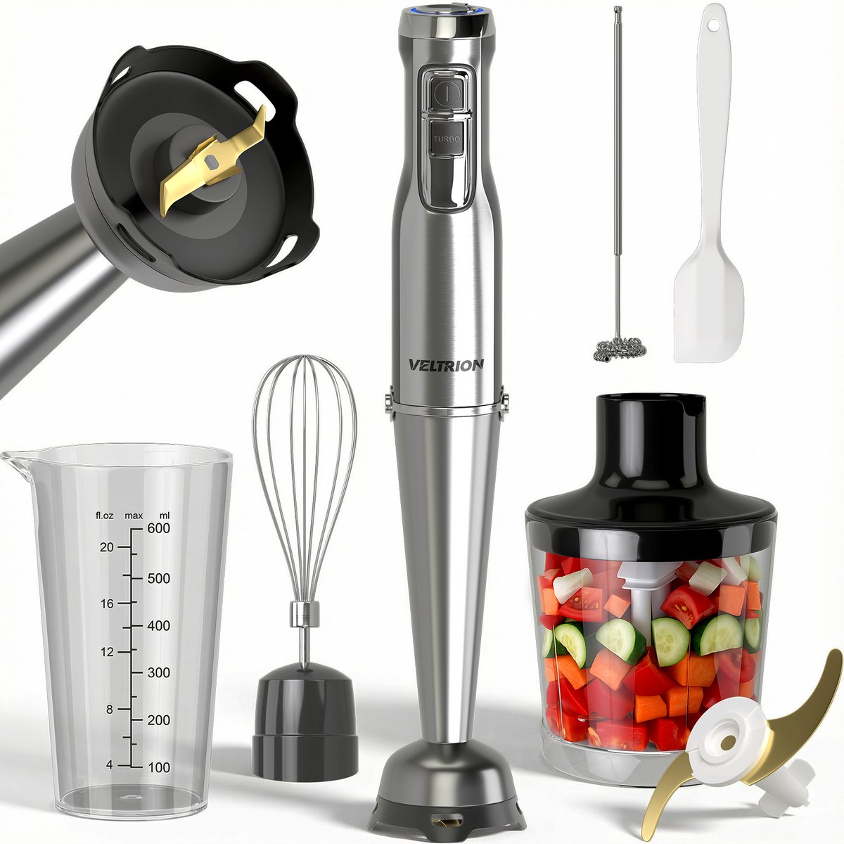 Staafmixer PRO 6-in-1 Set - 1100W - Titanium Messen - Turbofunctie - Incl. Spatel, Hakmolen, Garde, Melkopschuimer & Maatbeker - PFAS-vrij