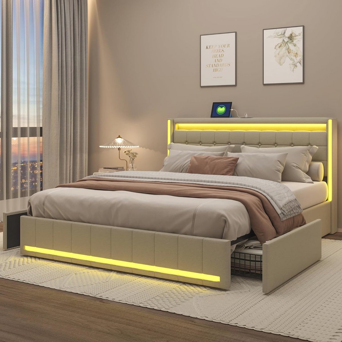 Dubbel Bed 140 x 200 cm met Hoofdbord, 4 Laden, LED Verlichting en USB Oplaadpunt in Beige