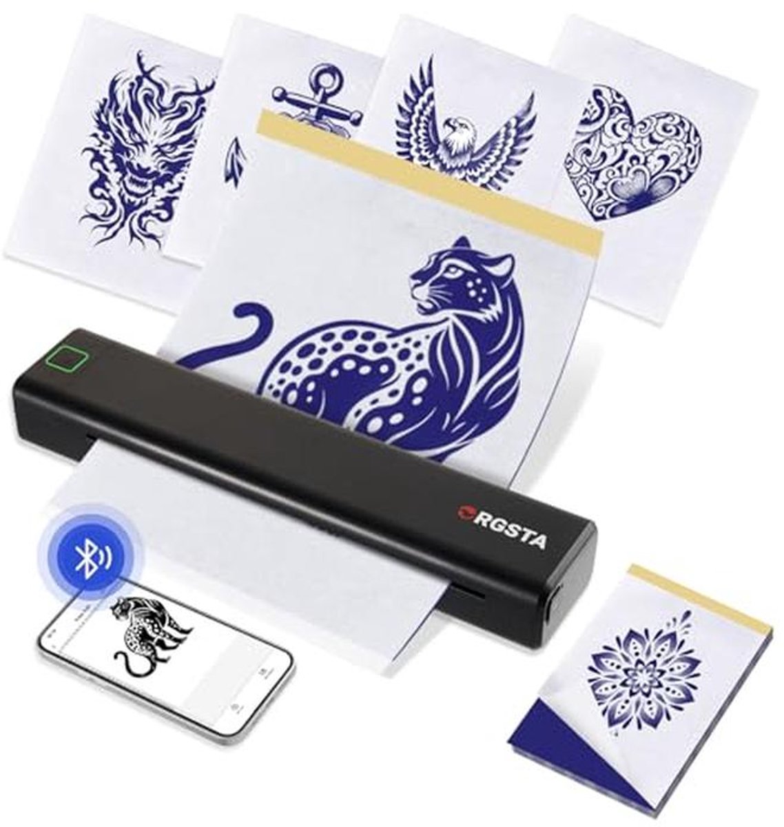 Draadloze Tattoo Stencil Printer met 10 Stuks Transferpapier - Draagbare Thermische Tattoo Printer voor Kunstenaars en Beginners, Compatibel met Telefoons, Tablets en PC