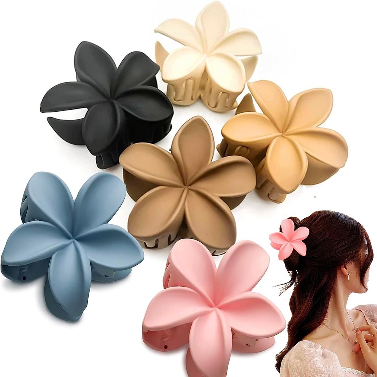 Set van 6 Antislip Bloemen Haarklemmen Dames - Grote Matte Haarspelden